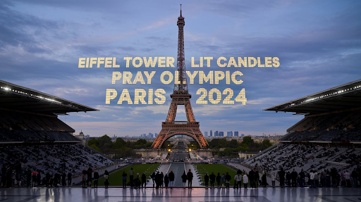 Eiffel Tower lit candles pray Olympic Paris 2024